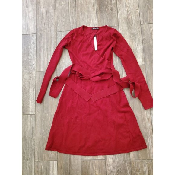 Patty Boutik Tie Around Knit Dress Deep Red Womens Long Sleeve V neck NWT Sz S - Picture 1 of 5
